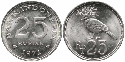 Индонезия 25 рупий 1971 венценосный голубь KM 34 медно-никель 86-1142
