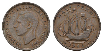 Великобритания 1/2 пенни 1946 Георг VI (1936-1952) KM 844, Spink 4115 бронза 4519-354
