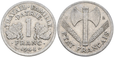 Франция 1 франк 1944 C, тип Lourde, правительство Виши KM 902.1 алюминий 4142-945