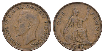 Великобритания 1 пенни 1945 Георг VI (1936-1952) КМ 845, Spink 4114 бронза 4111-744