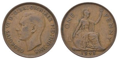 Великобритания 1 пенни 1945 Георг VI (1936-1952) КМ 845, Spink 4114 бронза 4111-744