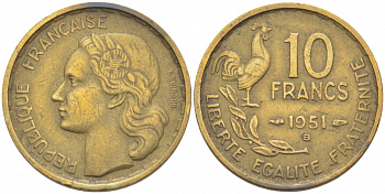 Франция 10 франков 1951 B, петух KM 915.2, Le Franc 363.5 алюминиевая бронза 3309-1123