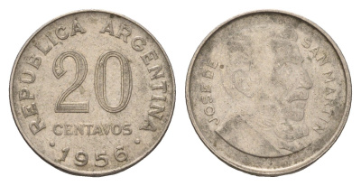 Аргентина 20 сентаво 1956 KM 52 сталь плакированная никелем 4679-829