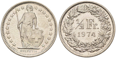 Швейцария 1/2 франка 1974  KM 23a.1 медно-никель    4160-1166