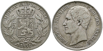 Бельгия 5 франков 1851 Леопольд I (1831-1865) KM 17 серебро 1067-1-56