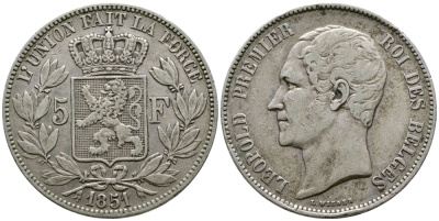 Бельгия 5 франков 1851 Леопольд I (1831-1865) KM 17 серебро 1067-1-56