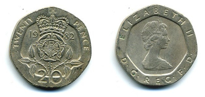 Великобритания 20 пенсов 1982 Елизавета II (1952-2022) KM 931, Spink 4230 (G1) медно-никель 4110-952