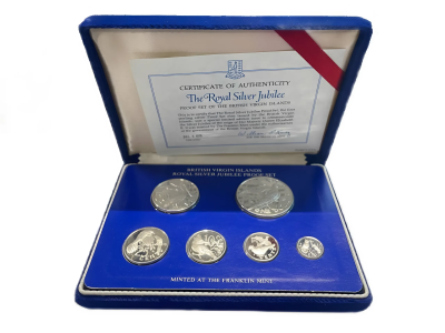 Британские Виргинские острова набор из 6 монет 1977 25 лет правления Елизаветы II (1952-2022), птички, в картонном буклете, запайка, в оригинальной коробке, с сертификатом KM PS 6, KM 9-14 серебро  PROOF  8-2-04-13