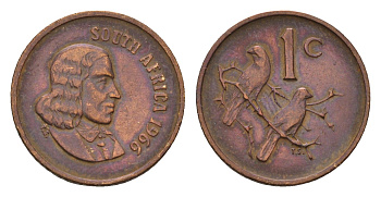 ЮАР 1 цент 1966 Ян ван Рибек (1619-1677), South Africa, легенда на африкаанс, капские воробьи KM 65.1 бронза 4682-719