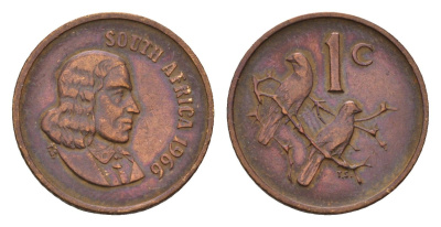 ЮАР 1 цент 1966 Ян ван Рибек (1619-1677), South Africa, легенда на африкаанс, капские воробьи KM 65.1 бронза 4682-719