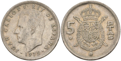 Испания 5 песет 1975 (76) Хуан Карлос I (1975-2014) KM 807 медно-никель 4155-617