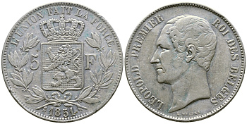 Бельгия 5 франков 1851 Леопольд I (1831-1865) KM 17 серебро 1066-20-25