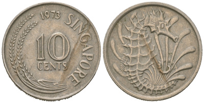 Сингапур 10 центов 1973 морской конек KM 3 медно-никель 4623-327