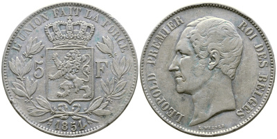 Бельгия 5 франков 1851 Леопольд I (1831-1865) KM 17 серебро 1066-20-25