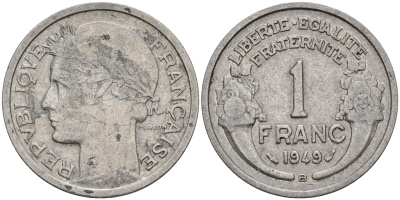 Франция 1 франк 1949 В, тип Морлон KM 885а.2 алюминий    4153-431