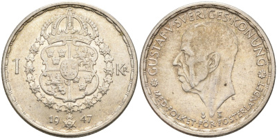 Швеция 1 крона 1947 TS, Густав V (1907-1950) KM 814 серебро 4148-1045