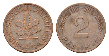 ФРГ 2 пфеннига 1971 D KM 106a, J. 381a сталь плакированная медью 4684-1164