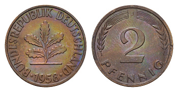 ФРГ 2 пфеннига 1958 J KM 106, J. 381 бронза 4528-316