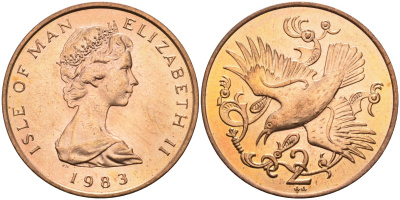 Остров Мэн 2 пенса 1983 АА, птица, Елизавета II (1952) KM 60 бронза UNC 4583-114