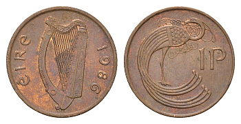 Ирландия 1 пенни 1986 мифологическая птица лира KM 20 бронза 4690-443