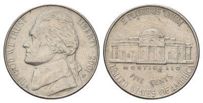 США 5 центов 2001 P, Джефферсон KM A192 медно-никель 4671-1252
