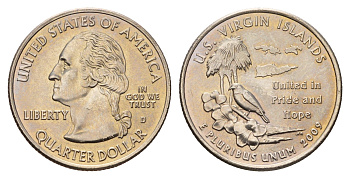 США 25 центов = квотер = 1/4 доллара 2009 D, серия штаты США, Виргинские Острова KM 449 медь плакированная медно-никелем UNC 4626-754