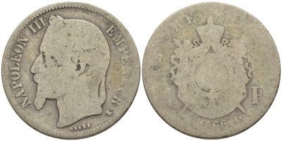Франция 1 франк 1866 К, Наполеон III (1852-1870) KM 806.3 серебро 4448-311