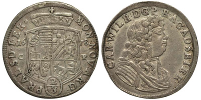 Ангальт-Цербст 2/3 талера 1678 CP, Карл Вильгельм (1667-1718), над датой нет орнамента KM 19.6, Mann 252 s, Davenport 202 серебро 00-000-00