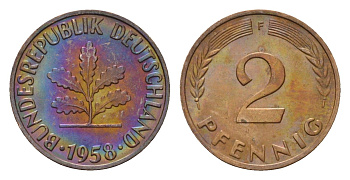 ФРГ 2 пфеннига 1958 F KM 106, J. 381 бронза 4682-1054