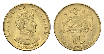 Чили 10 сентесимо 1971 год-тип KM 194 алюминиевая бронза UNC 4689-131