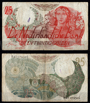 Нидерланды 25 гульденов 1947 Молодая девушка Pick 81 бумага 451-1303-2