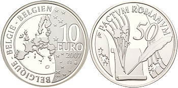 Бельгия 10 евро 2007 50 лет Римскому договору KM 260 серебро PROOF 11-091-23