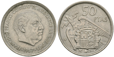 Испания 50 песет 1957 (58) Франциско Франко (1939-1975) KM 788 медно-никель 81-532