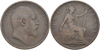 Великобритания 1 пенни 1902 Эдуард VII (1901-1910) KM 794.1, Sp 3990A бронза 3460-716