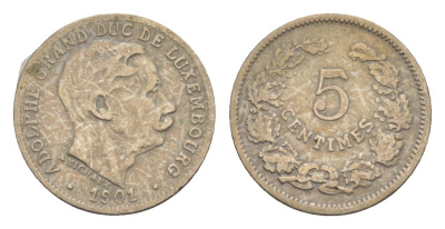 Люксембург 5 сантимов 1901 герцог Адольф (1890-1905), год-тип KM 24 медно-никель 4659-414