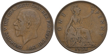 Великобритания 1 пенни 1928 Георг V (1910-1936) КМ 826, Spink 4054 бронза 4112-723
