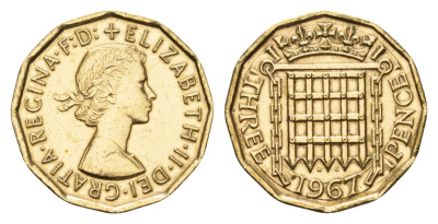Великобритания 3 пенса 1967 Елизавета II (1952-2022) KM 900, Spink 4153 никель латунь 4631-1157