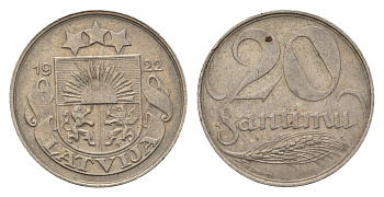 Латвия 20 сантимов 1922 год-тип KM 5 никель 4689-765