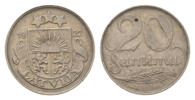 Латвия 20 сантимов 1922 год-тип KM 5 никель 4689-765