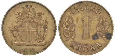 Исландия 1 крона 1963 KM 12a никель латунь 4606-435