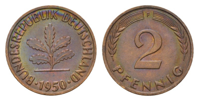 ФРГ 2 пфеннига 1950 F KM 106, J. 381 бронза 4596-1118