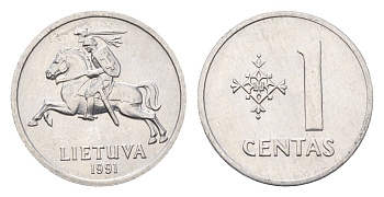 Литва 1 цент (сент) 1991 год-тип KM 85 алюминий UNC 4689-1023