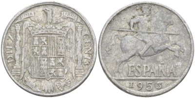 ИСПАНИЯ 10 СЕНТИМО 1953 РЫЦАРЬ НА КОНЕ KM 766 алюминий 4523-452