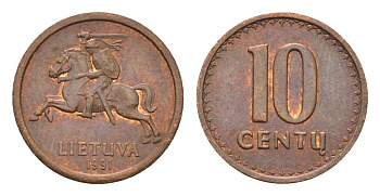 Литва 10 центов (сентов) 1991 год-тип KM 88 бронза 4689-1063