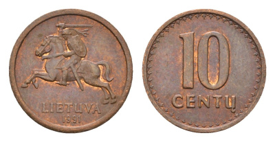Литва 10 центов (сентов) 1991 год-тип KM 88 бронза 4689-1063
