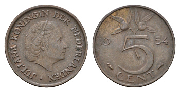 Нидерланды 5 центов 1954 Юлиана (1948-1980) KM 181 бронза 4685-115