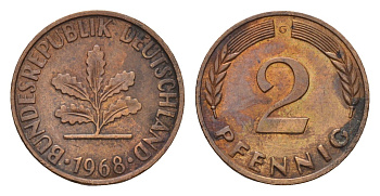 ФРГ 2 пфеннига 1968 G KM 106, J. 381 бронза 3458-727
