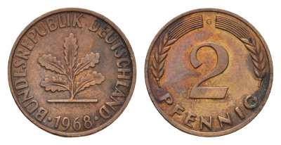 ФРГ 2 пфеннига 1968 G KM 106, J. 381 бронза 3458-727