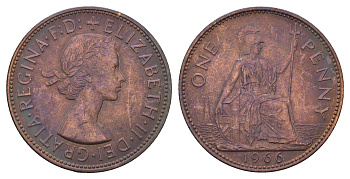 Великобритания 1 пенни 1966 Елизавета II (1952-2022) KM 897, Spink 4157 бронза 3855-633