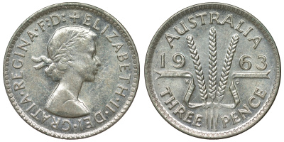 Австралия 3 пенса 1963 m, Елизавета II (1952-2022) KM 57 серебро 71-927